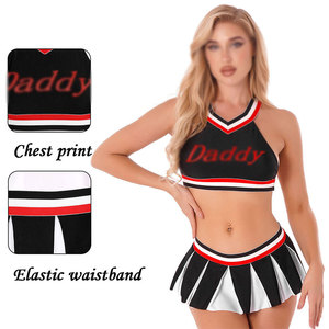 Uniforme de cheerleading pour adultes, jupe noire et blanche, logo imprimé par transfert thermique sur le devant, kit en spandex et polyester - Product Image 6