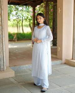 <b>Women's</b> Light Blue Traditional Indian Pakistani Cotton <b>Kurta</b> Set With Embroidery Floor-Length Casual Wear All Seasons - Product Image 1