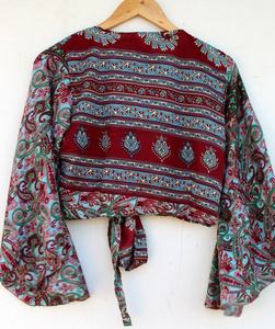 มาใหม่พิมพ์ผ้าไหมห่อด้านบนสําหรับฤดูร้อนสวมใส่แขนระฆังพืชยอดนิยมชุดสําหรับผู้หญิง - Product Image 2