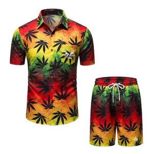 Conjunto de Camisa y Pantalones Cortos con Estampado de Hojas Rasta para Hombre Ekir Impex, Cuello Camisero, Ropa Casual de Verano, Transpirable, de Poliéster - Product Image 1