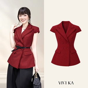 Blazer Rojo de Doble Botonadura para Mujer, Manga Corta, Cuello de Solapa, Lana y Poliéster Antiestático, con Botones, para Oficina y Negocios, ODM OEM - Product Image 1