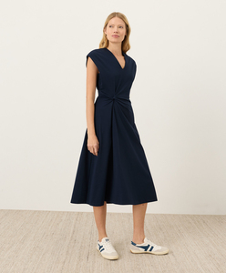 Robe en coton tissé pour femme, col en V, manches courtes torsadées, couleur unie, respirante, idéale pour l'été et les soirées - Product Image 3
