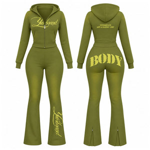 Conjunto Deportivo con Capucha para Mujer, Color Verde Oliva, Marca Yourbrand, Manga Larga, Cierre Frontal con Cremallera, Estampado de Letras, Dobladillo Dividido, Estilo Urbano - Product Image 1