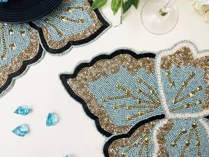 Handmade Flower Shape Fabric Placemat Light <b>Blue</b> <b>Beaded</b> Design Glam Table Mat Decorative Set - Product Image 3