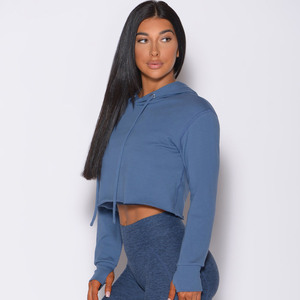 Sudadera con Capucha Corta Azul para Mujer, Manga Larga, Color Sólido, Tejida, Transpirable, para Otoño - Product Image 3