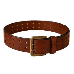 Cinturón casual de cuero genuino para hombre, resistente, color marrón, de grano completo, con hebilla metálica de doble punta chapada en latón antiguo. - Product Image 2