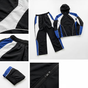 Ensemble décontracté deux pièces personnalisé avec veste coupe-vent en nylon à capuche et fermeture éclair, et pantalon de survêtement léger avec design patchwork - Product Image 5