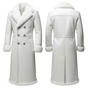 Abrigo Largo de Cuero Genuino Blanco para Hombre, Solapa con Muescas, Doble Botonadura, Ribete de Piel, Manga Regular, Abrigo Grueso de Lana - Product Image 3