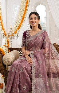 Elegant <b>Purple</b> Silk <b>Saree</b> With Embroidered Border For Women Wedding Traditional Indian Pakistani Wear - Product Image 3