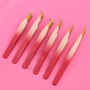 90 Degree Custom Eyelash Tweezers with Pointed Tip Pink Stainless Steel Lash Extensions Tweezers with Fiber Gold Eyelashes - Product Image 6