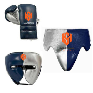 Custom New Marginal Boxing Gear Set Leather <b>Gloves</b> Headgear Groin Guard Blue <b>Silver</b> Logo Printed Martial Arts Training Equipment - Product Image 1