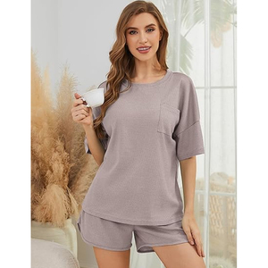 Ladies Casual Waffle Texture T Shirt and Shorts Set Comfortable Summer <b>Matching</b> Outfit Women - Product Image 3