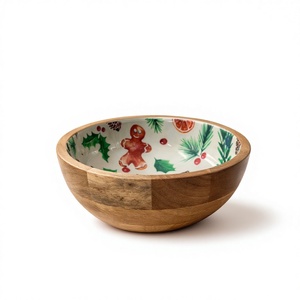 ชามเคลือบเงาธรรมชาติลายขนมปังขิง  ช้อนส้อมไม้มะม่วงแกะสลักด้วยมือ เป็นมิตรกับสิ่งแวดล้อม  ชุดอุปกรณ์เสิร์ฟสลัดจากไม้ธรรมชาติสำหรับใช้ในครัว - Product Image 1