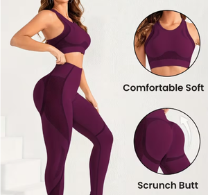Purple Two Piece Yoga Set Mid Waist <b>Leggings</b> Racerback Crop Top Seamless <b>Knee</b> <b>Length</b> Solid Color Spandex Polyester Eco-Friendly - Product Image 4