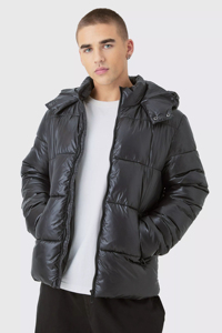 Men's Puffer Jacket Winter Casual Windproof Thick PU Coat Black Regular Fit <b>Covered</b> <b>Button</b> Closure Solid Color Patchwork High - Product Image 6
