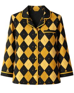 Ensemble de pyjama pour femmes personnalisé noir et jaune à motif Argyle, manches longues, boutonné, vêtements de nuit en coton doux, ensemble de détente deux pièces - Product Image 3