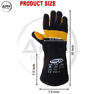 Gants de soudeur en cuir pleine fleur noir avec paume jaune, résistants à la chaleur, manchette longue, équipement de travail robuste - Product Image 2