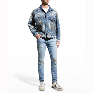 Blouson Bomber en Jean Homme Personnalisé, Effet Vieilli et Déchiré, Coupe Oversize, Ourlet Effiloché, Patchwork, Écologique, Vente en Gros - Product Image 4