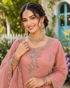 <b>Women</b>’s Rose Gold Beads Work <b>3</b>-<b>Piece</b> Ethnic <b>Suit</b> Set with Apple Cut Top, Matching Bottom and Designer Dupatta, Heavy Crepe Inner - Product Image 1