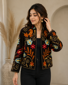 Suzani Style Hand Embroidery Velvet Jacket Women Boho Chic Winter Bomber Handmade Masterpiece Ethnic <b>Needlework</b> Coat Gift Set - Product Image 5