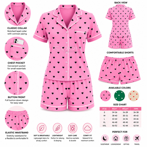 Conjunto de Pijama de Seda Satinada de Lujo Cosh International Sisterhood Sorority, Suave y Transpirable, Estampado de Corazones Rosa y Negro, Ropa Elegante - Product Image 6
