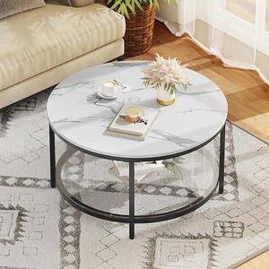 Modern Round Marble Finish Coffee Table with Metal Frame and Open Storage Shelf for Living Room - Product Image 5