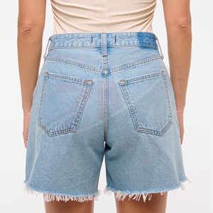 Shorts de Mezclilla de Cintura Alta con Efecto Desgastado, Dobladillo Asimétrico, Estilo Casual de Verano para Mujer, Corte Regular, Color Azul Claro, Algodón - Product Image 3