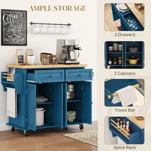 Isola da Cucina Moderna Portatile su Ruote con Piano in Rovere Turchese e MDF, Portaspezie, Portasciugamani e Cassetti - Product Image 6