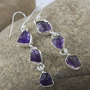 Natural Raw Amethyst Gemstone <b>Dangle</b> <b>Earrings</b> 925 Sterling <b>Silver</b> Handmade Triple Stone Drop <b>Earrings</b> for Women - Product Image 1