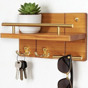 Handcrafted Teak Wood <b>Key</b> Holder with Brass Hooks - Wholesale Moradabad - Product Image 1