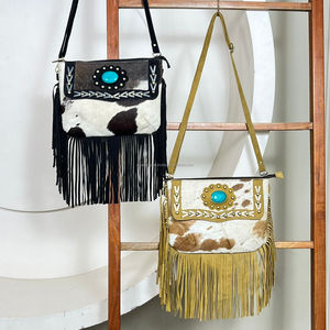 Hair on Hide Fur Leather Fringe Handbag Western Cowhide Fur Gems Stone Fringe Sling Purse Style Multi Uses Sling Purse - Product Image 5