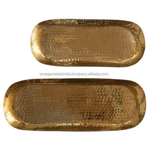 Ensemble de 2 plateaux de table basse en laiton antique, plateau de service décoratif en métal pour la maison et la cuisine d'Inde - Product Image 6