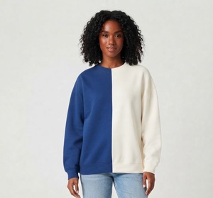 Sweat-shirt femme à blocs de couleur, col rond, manches longues, coupe oversize, design asymétrique, style automne, tricoté en coton et fibre de bambou - Product Image 2