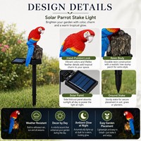 Statue de jardin en résine colorée en forme de perroquet, décoration d'oiseau tropical avec panneau solaire latéral et lumière chaude