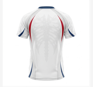 Maillot de football blanc, rouge et bleu, imprimé par sublimation |   Sans col |   Manches courtes |   Uniforme d'équipe personnalisé |   Vente en gros OEM - Product Image 3