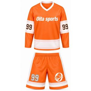 ชุดฮอกกี้น้ำแข็งสีส้มสำหรับผู้ชาย แบบซับลิเมชั่น เสื้อและกางเกงขาสั้น โพลีเอสเตอร์ ลายทาง น้ำหนักเบา ชุดกีฬาสำหรับการแข่งขัน - Product Image 1