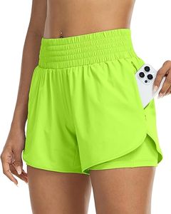 Shorts Deportivos de Cintura Alta para Mujer, Color Verde Neón, con Bolsillos, Cintura Elástica, Secado Rápido, Tejido de Punto, Spandex, Poliéster, Estilo Motociclista, Ropa Deportiva - Product Image 1