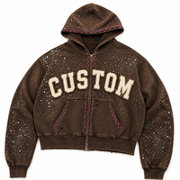Sweat-shirt à capuche surdimensionné personnalisé pour homme, marron, avec fermeture éclair, en polaire, style vintage vieilli, imprimé lettres, pour l'automne