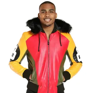 Erkek tri renk 8 top deri ceket kürk hood ile Premium kalite ile kürk kapşonlu yaka hakiki deri bombacı ceket