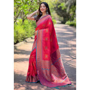 Sari Rosa de Seda Suave con Zari Tejido en Contraste, Elegantes Vestidos de Fiesta - Product Image 1