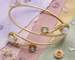 Gold Plated Brass Cuff <b>Bracelet</b> With Moonstone And Quartz Bezel Setting <b>Boho</b> Style Jewelry Handmade Bulk Product - Product Image 4