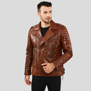 Veste de moto en cuir véritable marron pour homme, coupe ajustée, col rabattu, fermeture éclair, style motard, vêtement d'automne - Product Image 5