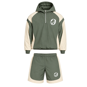 Mens Olive Green Neutral Nylon Hoodie <b>Shorts</b> Set Quarter <b>Zip</b> Colorblock Lightweight Sports Training Running Casual Outfit - Product Image 1