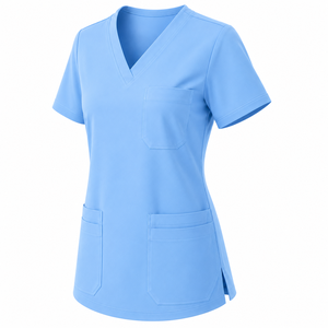 Haut de blouse médicale pour femme, col en V, manches courtes, couleur unie bleu ciel, avec poches, tenue d'hôpital - Product Image 5