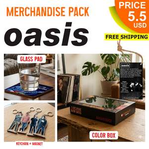 PAQUETE DE MERCHANDISE OASIS: LLAVERO, PLATO DE VIDRIO Y CAJA DE COLORES ARTESANALES - Product Image 1