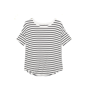 Camiseta de punto para mujer, cuello redondo, manga corta, holgada, transpirable, informal, a rayas blancas y negras, para primavera/verano, en oferta - Product Image 1