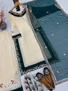 Conjunto de Kurti Sharara color crema con Dupatta verde para mujer – Traje festivo de diseñador con bordados y estilo Palazzo étnico - Product Image 4