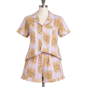 Conjunto de pijama con estampado de tigre a rayas rosas para mujer, camisa de manga corta y pantalones cortos, conjunto de ropa de dormir informal, traje informal - Product Image 1