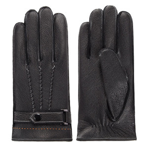 Gants de vélo en cuir thermiques tactiles longs jusqu'au poignet non doublés noirs unis pour usage quotidien en hiver - Product Image 1