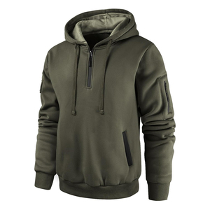 Sweat-shirt à capuche mi-zippé vert olive pour homme, coupe classique, couleur unie, pull décontracté avec poches, matière polaire tricotée, automne - Product Image 1
